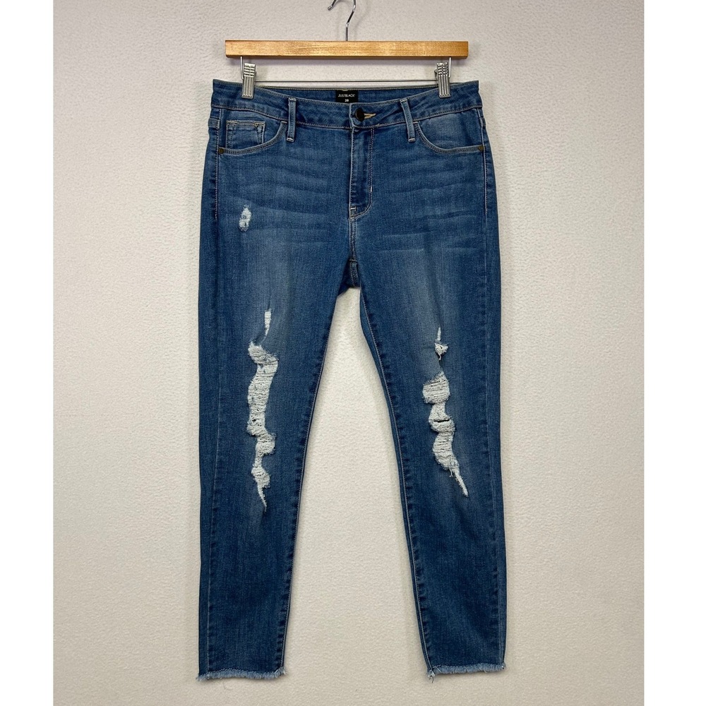 Distressed Edgy JUSTBLACK Womens 28 Blue Ripped Raw Hem Skinny Jeans